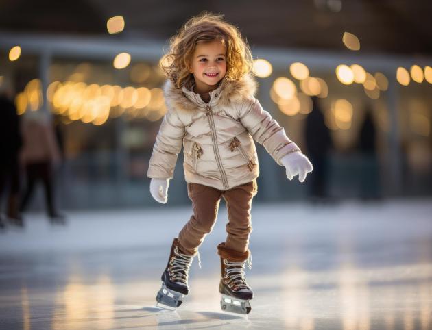 Generative AI, little girl skates on a rink in the park in winter, skater, ice, sport, training, child, toddler, childhood, skates, competition